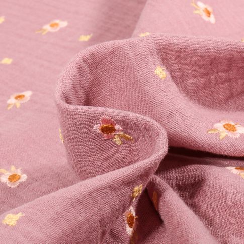 Tissu Double gaze Lalou brodé sur fond Vieux rose