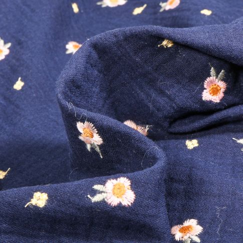 Tissu Double gaze Lalou brodé sur fond Bleu marine