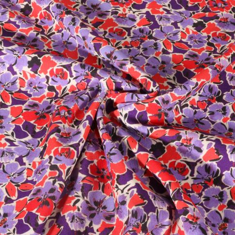 Tissu Viscose extensible Digital Fleurs parme et rouges sur fond Violet