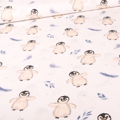 Tissu Coton imprimé Pingouins sur fond Blanc cassé