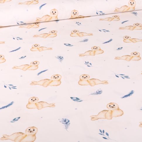 Tissu Coton imprimé Phoques sur fond Blanc cassé
