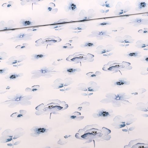 Tissu Coton imprimé Fleurs aqua sur fond Blanc