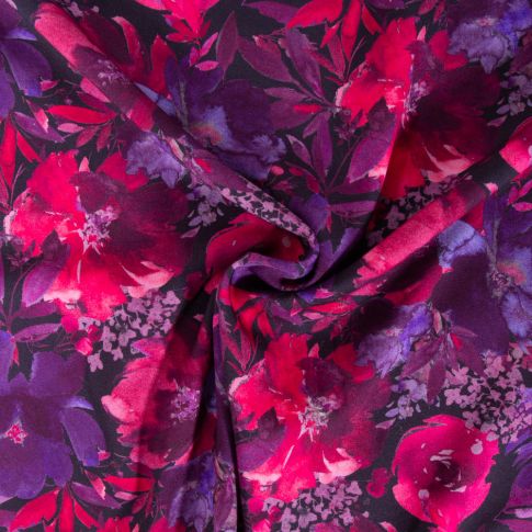 Tissu Viscose extensible Fleurs fuschia et violettes sur fond Noir