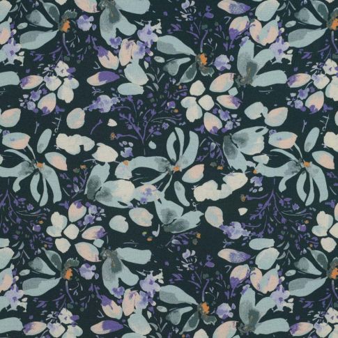 Tissu Viscose stretch Poppy imprimé fleuris Bleu pétrole