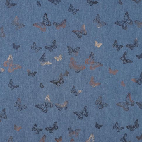Tissu Chambray Coton imprimé Papillon argentés sur fond Bleu denim
