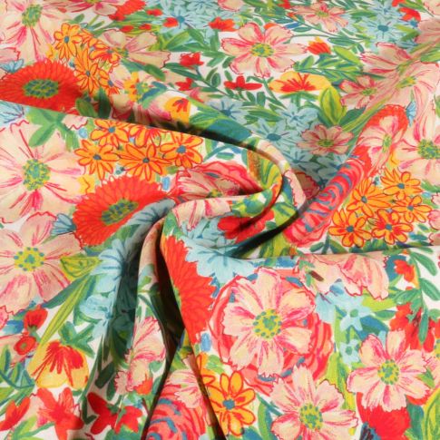 Tissu Viscose EcoVero Fleuris vertes, bleues et roses sur fond Blanc