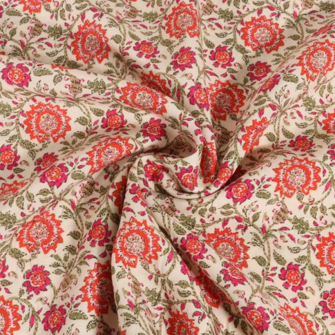 Tissu Viscose EcoVero Fleurs Fuschia et orange sur fond Ecru