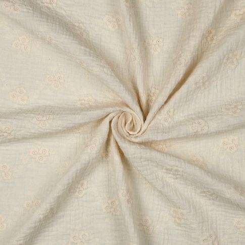 Tissu Double gaze de Coton brodé Fleurs sur fond Ecru