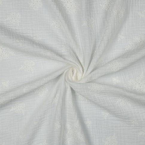 Tissu Double gaze de Coton brodé Fleurs Tia sur fond Blanc