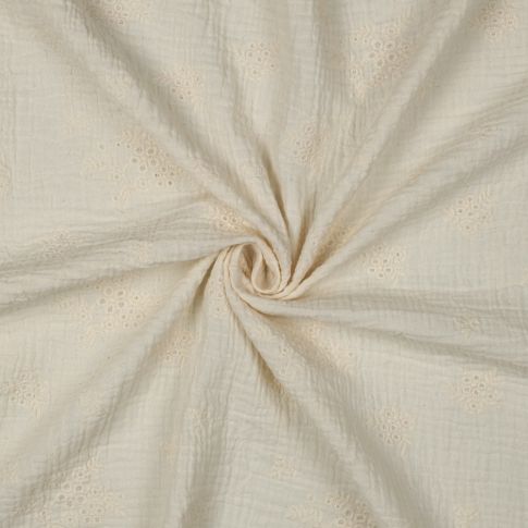 Tissu Double gaze de Coton brodé Fleuris Louisa sur fond Ecru