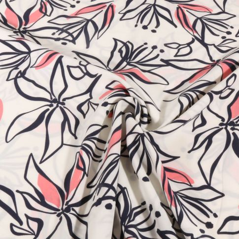Tissu Stretch imprimé Motifs floraux noir et rose sur fond Blanc