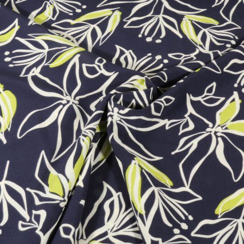 Tissu Stretch imprimé Motifs floraux blanc et vert sur fond Bleu marine