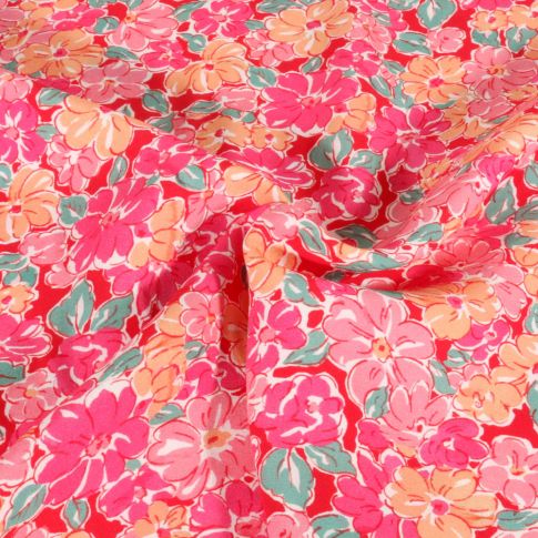 Tissu Viscose Digital Fleuris fuschia sur fond Blanc