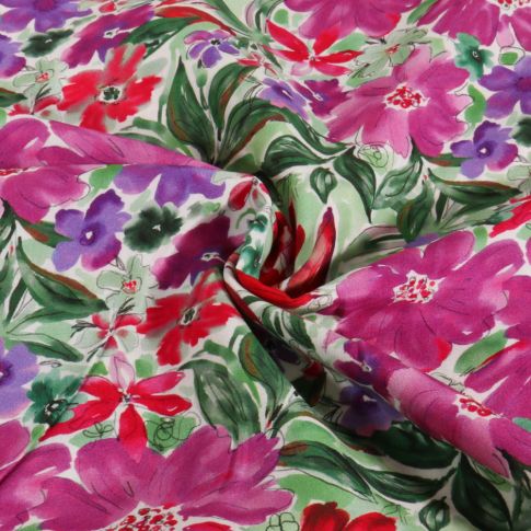 Tissu Viscose Digital Fleuris sur fond Vert amande