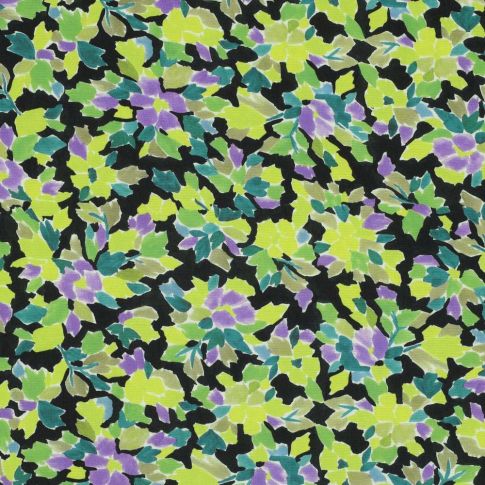 Tissu Viscose Digital Fleurs vertes sur fond Noir