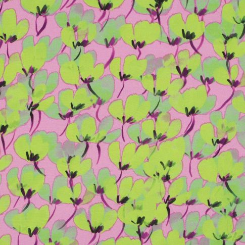 Tissu Viscose Digital Tulipes vertes sur fond Bois de rose
