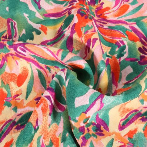 Tissu Viscose Digital Floral abstrait sur fond Vert