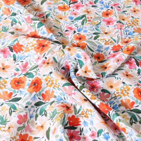 Tissu Viscose Digital Fleuris aquarelle sur fond Blanc