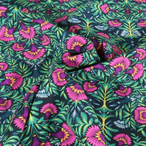 Tissu Viscose Digital Fleuris rose et jaune sur fond Vert