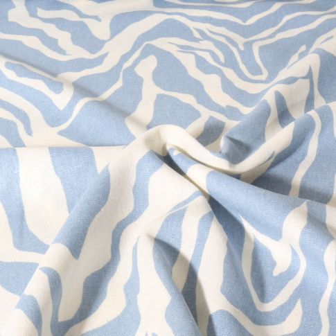 Tissu Viscose Lin imprimé zèbre écru sur fond Bleu ciel