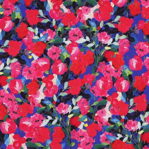 Tissu Viscose Lurex digital Fleurs rouges sur fond Bleu cobalt