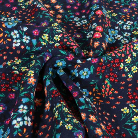 Tissu Viscose Petites fleurs colorées sur fond Bleu marine