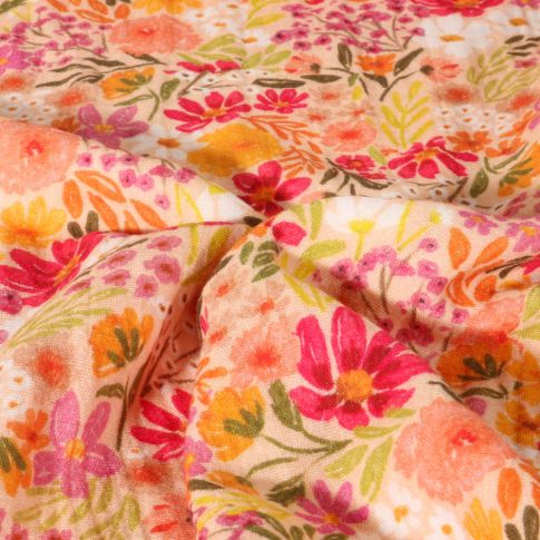 Tissu Double gaze de Coton Digital Fleurs colorées sur fond Pêche