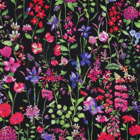 Tissu Satin de Viscose digital Floral vert et rouge sur fond Noir