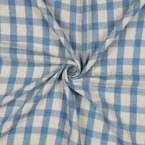 Tissu Double gaze de Coton Lin Carreaux Bleu ciel sur fond Ecru