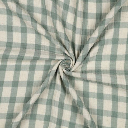Tissu Double gaze de Coton Lin Carreaux Vert sauge sur fond Ecru