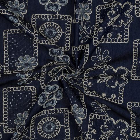 Tissu Jean Denim Coton brodé Fleurs et sequins sur fond Bleu marine