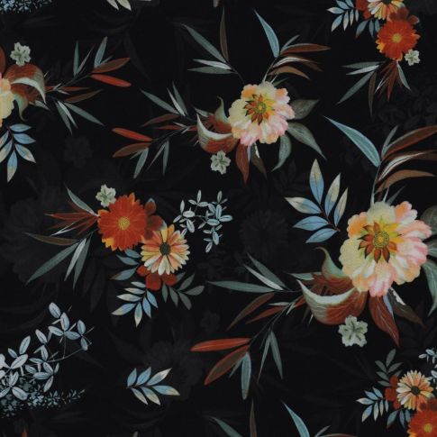 Tissu Viscose Fleurs vintage sur fond Noir