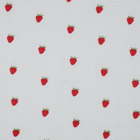 Tissu Double Gaze Fraises brodées rouge sur fond Blanc