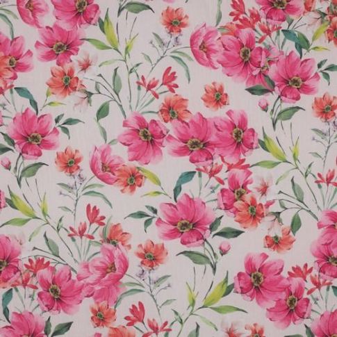 Tissu Voile de Coton digital Fleuris rose sur fond Blanc