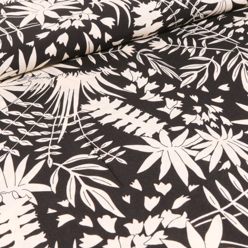 Tissu Viscose Feuilles blanches sur fond Noir