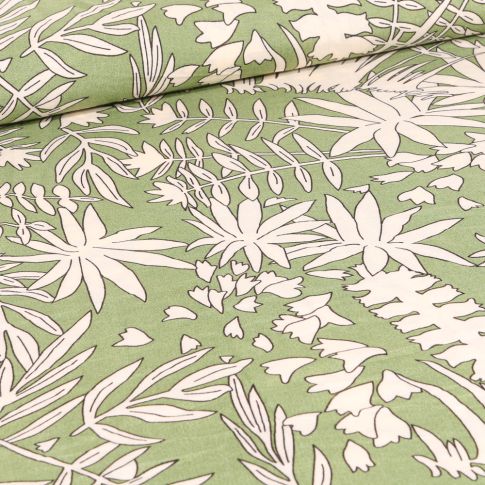Tissu Viscose Feuilles blanches sur fond Vert pâle