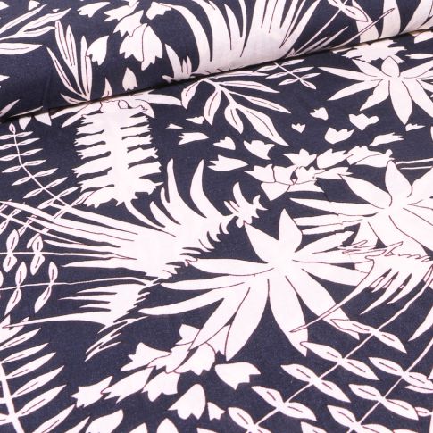 Tissu Viscose Feuilles blanches sur fond Bleu marine