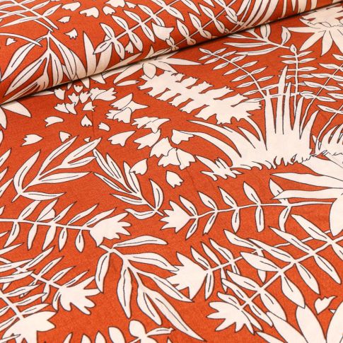 Tissu Viscose Feuilles blanches sur fond Orange