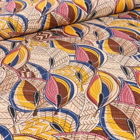 Tissu Viscose Motifs ethniques jaune sur fond Beige