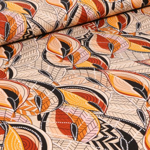 Tissu Viscose Motifs ethniques orange sur fond Beige