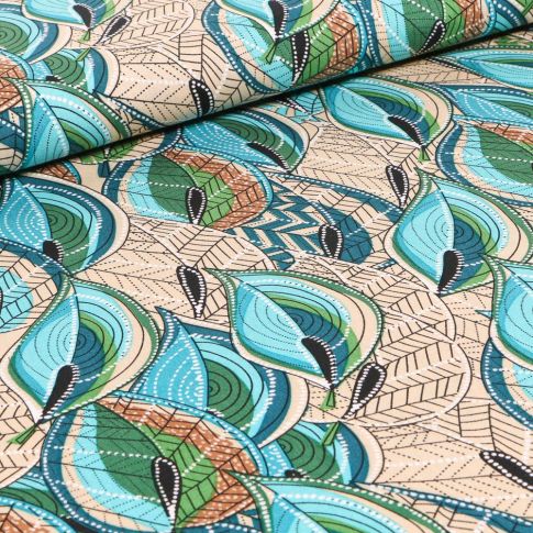 Tissu Viscose Motifs ethniques bleu sur fond Beige