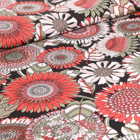 Tissu Viscose Tournesol rouge sur fond Noir