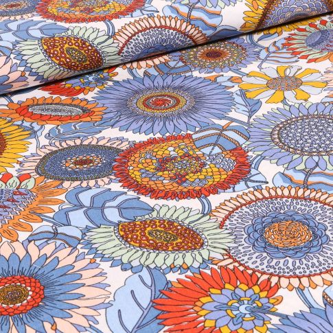 Tissu Viscose Tournesol bleu sur fond Blanc