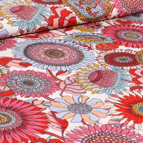 Tissu Viscose Tournesol rose sur fond Blanc