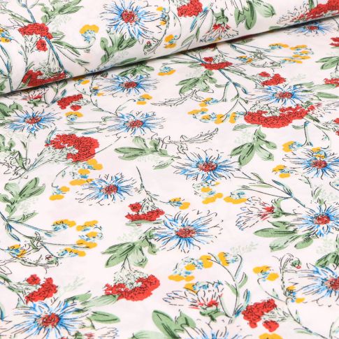 Tissu Viscose Fleurs de printemps sur fond Blanc