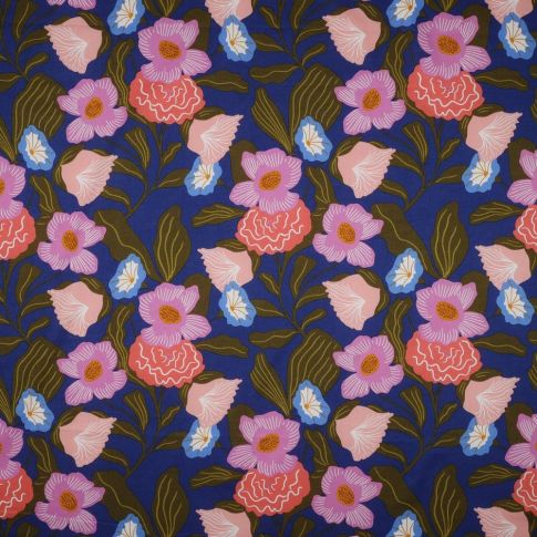 Tissu  Voile de Coton Nerida Hansen Fleuris sur fond Bleu marine