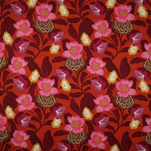 Tissu  Voile de Coton Nerida Hansen Fleuris sur fond Rouge