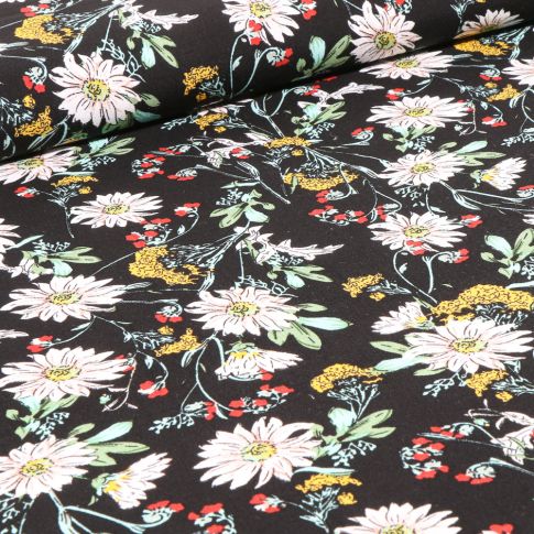 Tissu Viscose Fleurs de printemps sur fond Noir