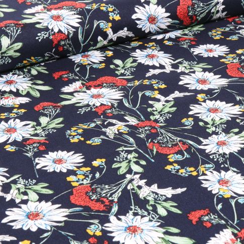 Tissu Viscose Fleurs de printemps sur fond Bleu marine