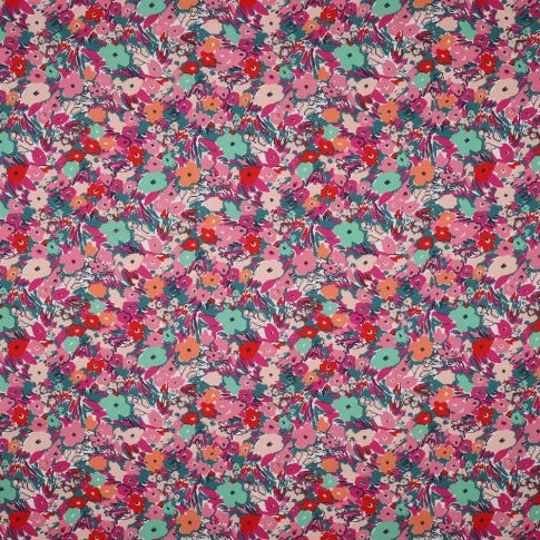 Tissu Popeline de Coton Nerida Hansen Fleuris sur fond Framboise